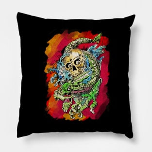 watercolour Tattoo design with dragon and zombie skull Pillow