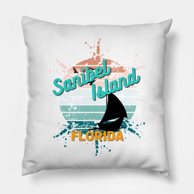 Sanibel Island Florida Retro Exploding Sunset Pillow by AdrianaHolmesArt