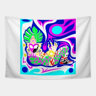 mayan alien mask in air shoes floral clothing style in mexican ecopop wallpaper Tapestry