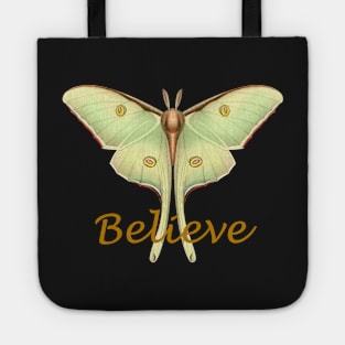 Luminous Vintage Pale Green Luna Moth with Believe Text Tote