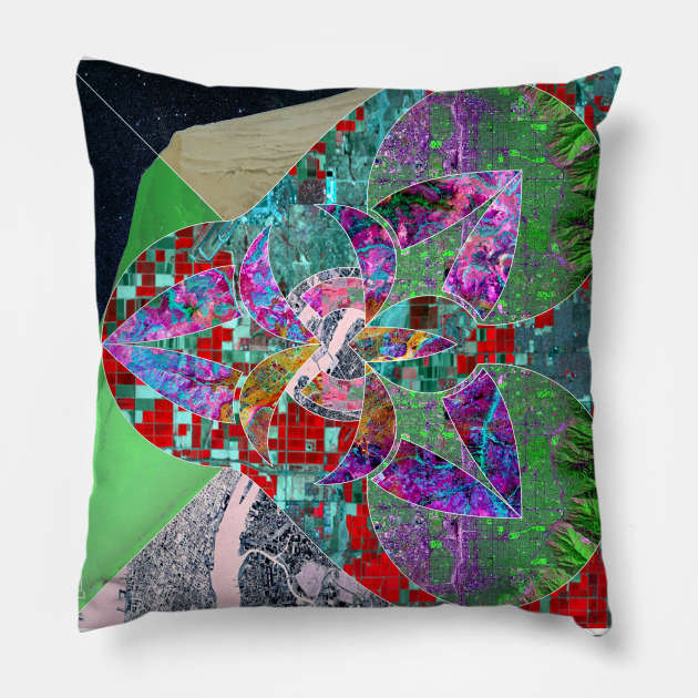 hazard city in lidar collage art in ecopop pattern Pillow by jorge_lebeau