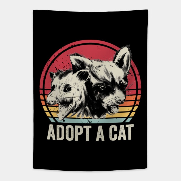 Adopt A Cat Funny Raccoon Opossum Tapestry by Visual Vibes