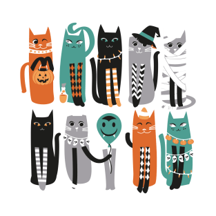 High Gothic Halloween Cats // print // pine green background orange grey green white and black kittens T-Shirt