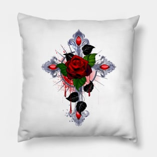 Cross with a red rose Pillow