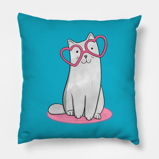 Grey Cat in Heart Glasses Pillow by Drawn to Cats