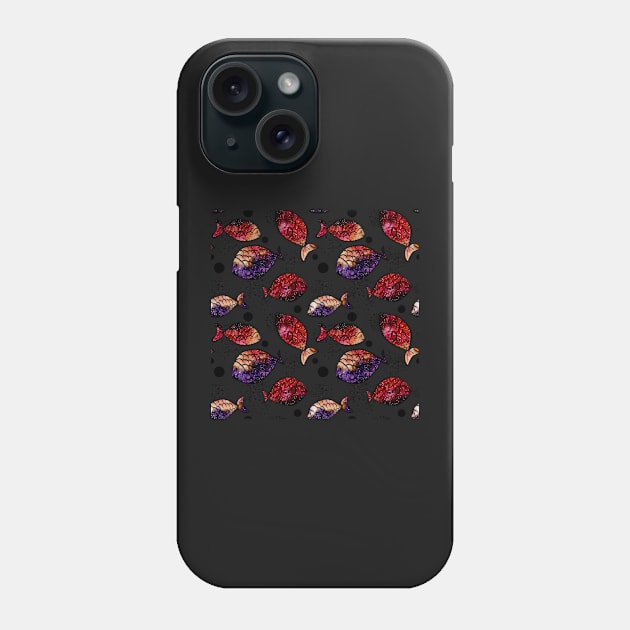 Watercolor Outer Space, Fish and Black Dots Phone Case by Cordata