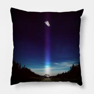 Spaceman Floating Over Truck In Wilderness Landscape Pillow