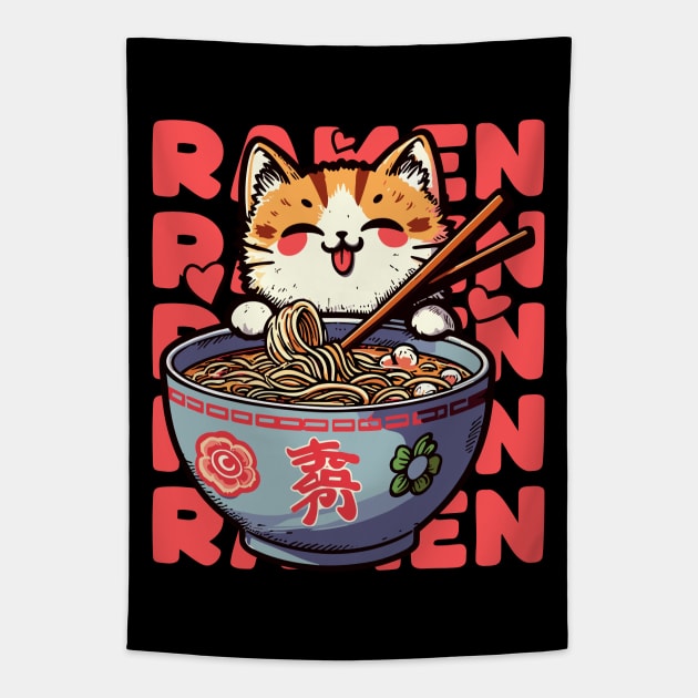 Cute Kawaii Anime Ramen Lover Cat Retro Japanese Noodles Tapestry by MoDesigns22 