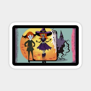 A Cartoon Witch, Ghost, and Bat Celebrating Halloween Magnet
