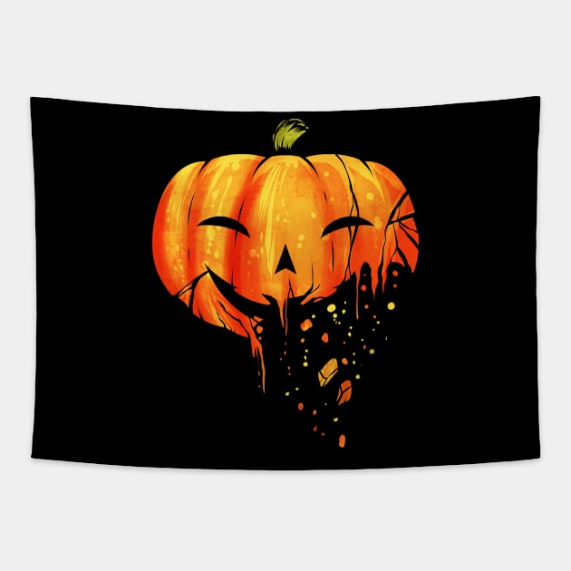 Jack O Lantern Carved Pumpkin Falling Into Pieces Halloween Tapestry by SinBle