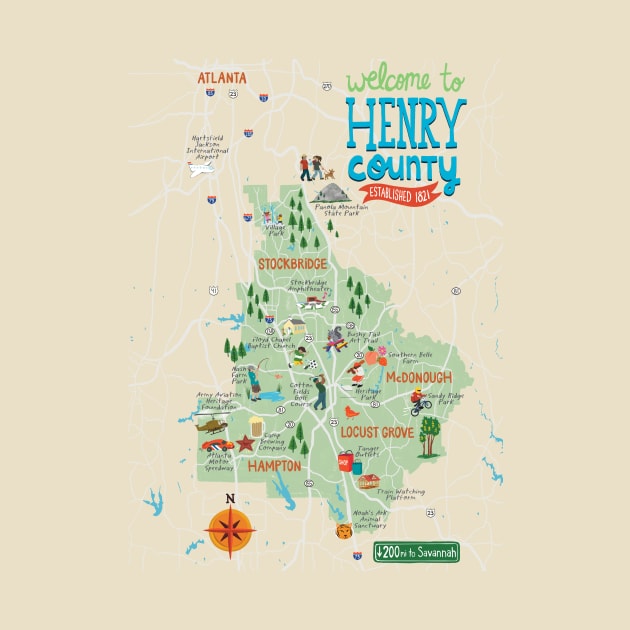 Welcome to Henry County Georgia - Illustrated Map Graphic - McDonough, Stockbridge, Locust Grove, Hampton by Steph Calvert Art