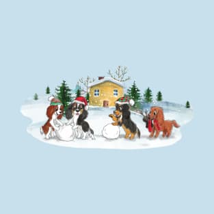 Cavalier King Charles Spaniels in the Snow Building a Snowman T-Shirt