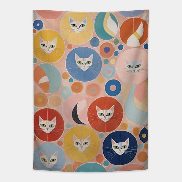 Hilma af Klint's Feline Fantasia: Abstract Whimsy Tapestry by FridaBubble