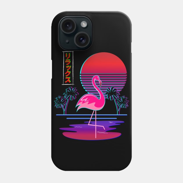 80s Synthwave Aesthetic Glitch Art Inspired Wading Flamingo Phone Case by Brobocop