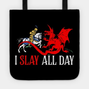 I Slay All Day - Retro Knight and Dragon Design Tote