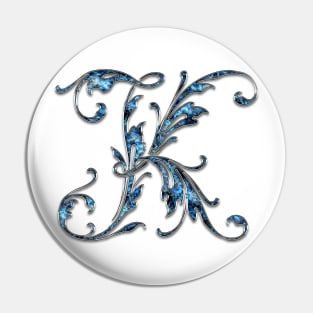 Ornate Blue Silver Letter K Pin