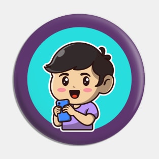 Cute Boy With Phone Cartoon Illustration Pin