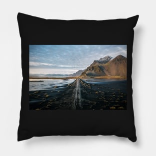 Aerial of the Icelandic Stokksnes Mountain Range in Iceland during sunset Pillow