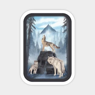 Three wolf hunting in misty forest night Howling Magnet