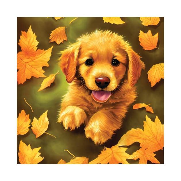 Golden Labrador Puppy in Beautiful Autumn Leaves by Geminiartstudio