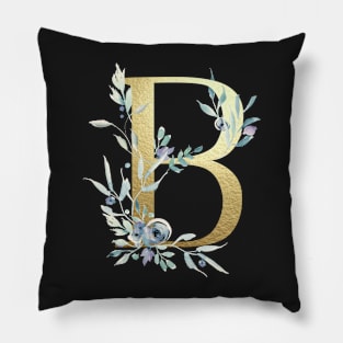 B - Gold Monogram Letter with Watercolor Flowers Pillow