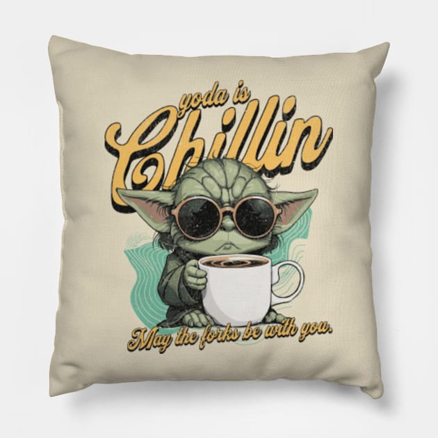 yoda is Chillin,"May the forks be with you." star wars Pillow by LaughLine.CO