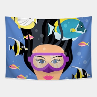 Black hair girl diving in tropical waters Tapestry