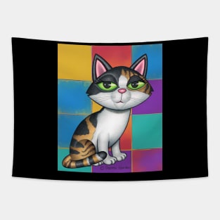 Cute Calico Kitty with Multi Colored Squares Tapestry