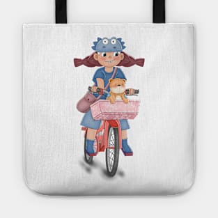 Girl Cycling With Bear Doll Tote