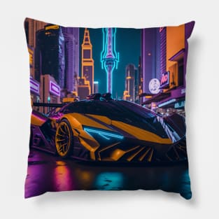 Dark Neon Sports Car in Japanese Neon City Pillow