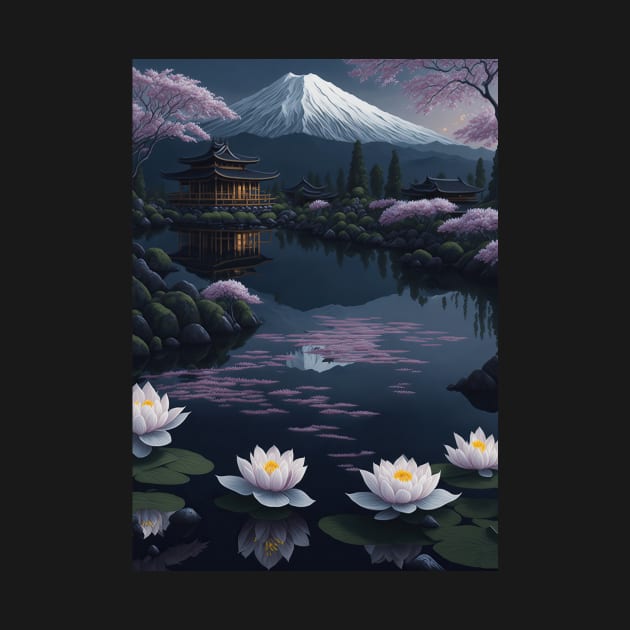 Serene Mount Fuji Sunset - Peaceful River Scenery - Lotus Flowers by star trek fanart and more