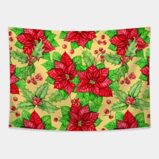 Poinsettia and holly berry watercolor Christmas pattern Tapestry