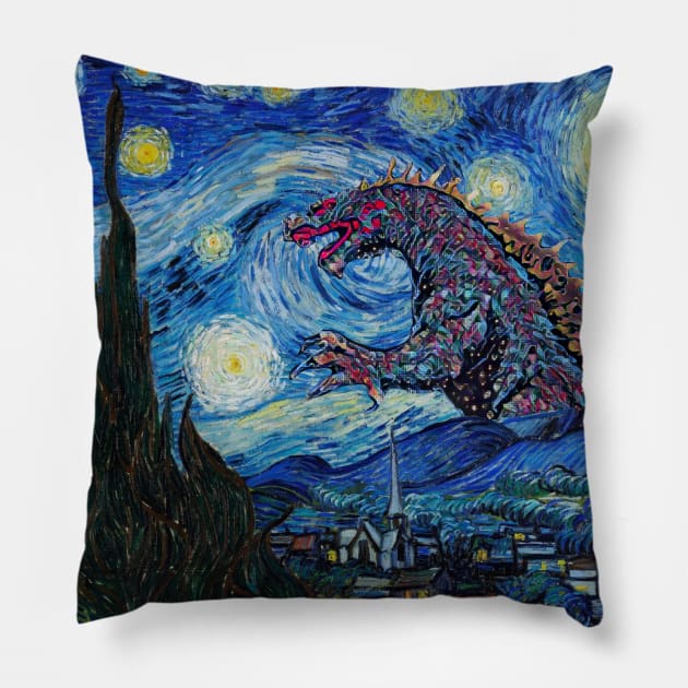 Godzilla in a Starry Night Van Gogh Masterpiece Pillow by Teessential