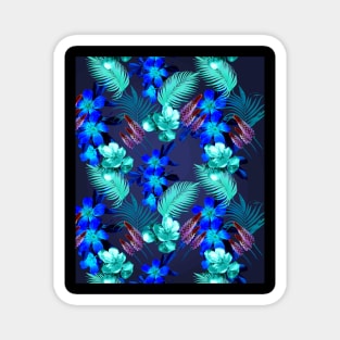 Palm Leaves And Flowers, Blue Navy Magnet