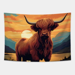 Highland Cattle Sunset Retro Art | Vintage-Inspired Landscape with Scottish Cows Tapestry