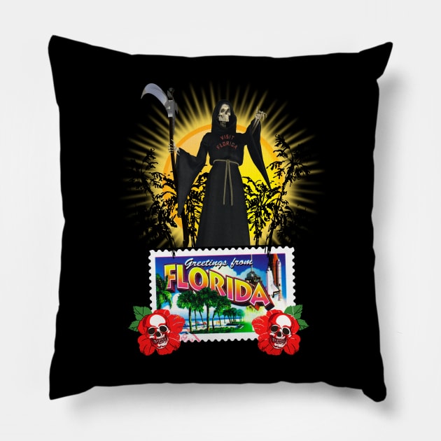 Greetings From Florida Grim Reaper Pillow by TJWDraws