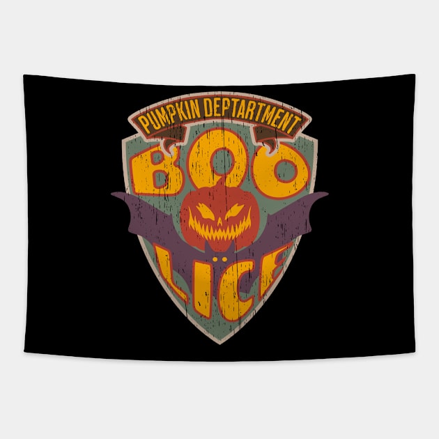 Boolice Halloween police funny badge pumpkin department distressed Tapestry by SpaceWiz95