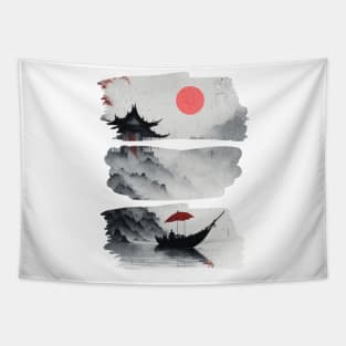 Boat and Red Sun Tapestry