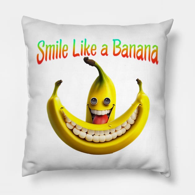 Happy Smiley Banana Sticker Pillow by candiscamera