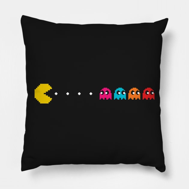 8 bit pacman chasing ghosts Pillow by PWCreate