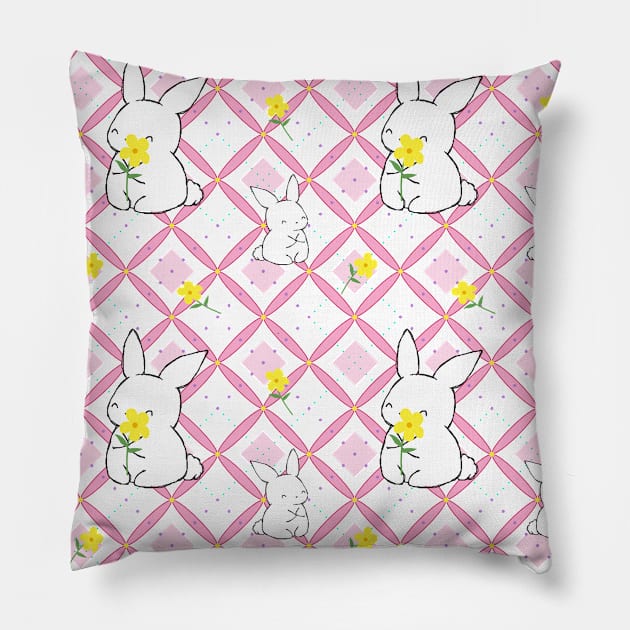 Pink Rabbit Quilt Pattern Pillow by MaplewoodMerch