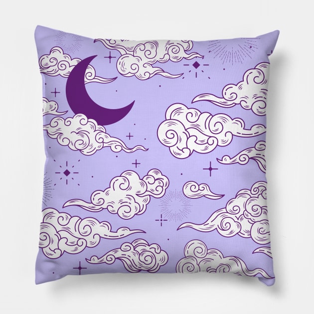 Celestial Moon and Stars With Clouds Seamless Pattern Pillow by ichewsyou