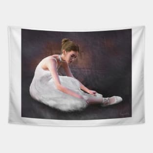 Woman girl ballerina dancer tying shoe Tapestry