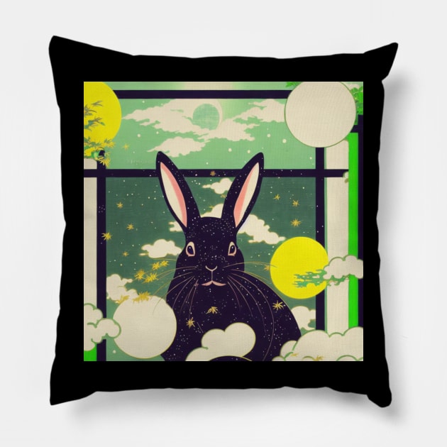 Chic Black Chinchilla Rabbit: Checkered Japanese Style Bunny of Bamboo Land Pillow by wigobun