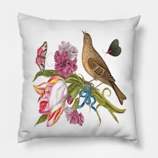 Vintage Songbird with Tulip Carnations And Butterflies Pillow