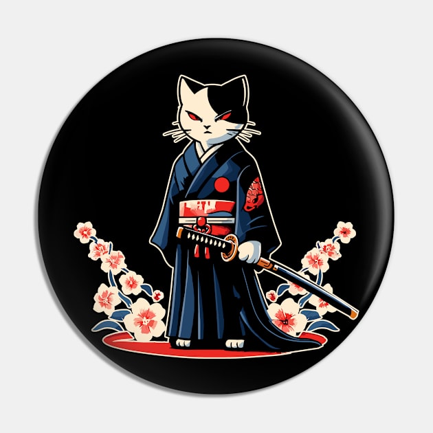 Kawaii Cat Anime Japanese Retro Samurai Novelty Funny Cat Pin by KsuAnn