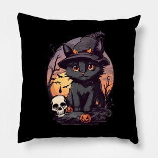 Halloween and cat, cute black cats with witch and cool hat for Halloween season, watercolor style Pillow