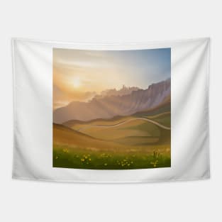 Golden Sunrise Over Hilly Green Fields and Yellow Tulips Landscape Digital Illustration Tapestry