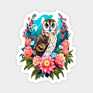 A Cute Short Eared Owl Surrounded by Bold Vibrant Spring Flowers Magnet