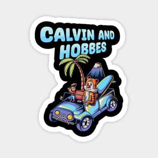 Calvin and hobbes riding a jeep goes to vacation Magnet